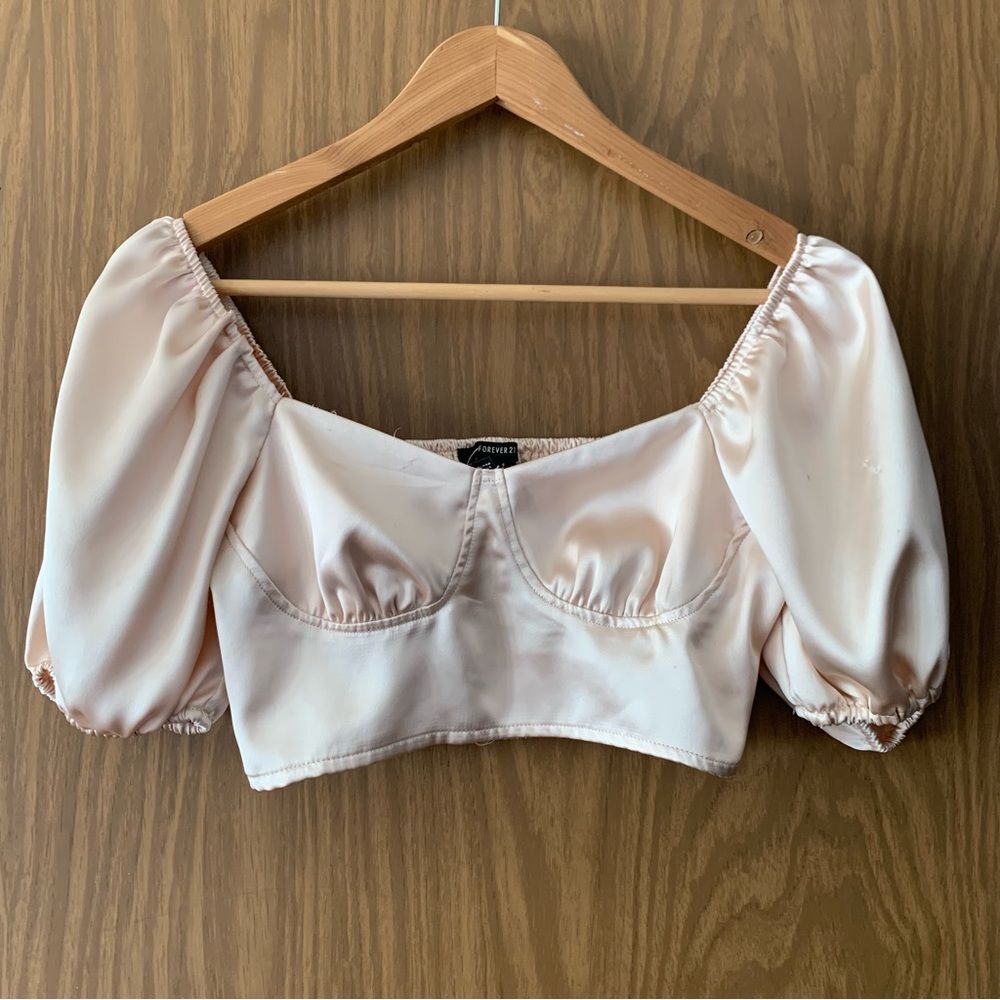 Women’s Puff Sleeve Satin Crop Top in Light Pink Size Small